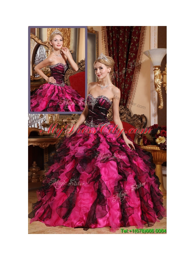 2016  Elegant   Beading and Ruffles Quinceanera Gowns in Black and Red