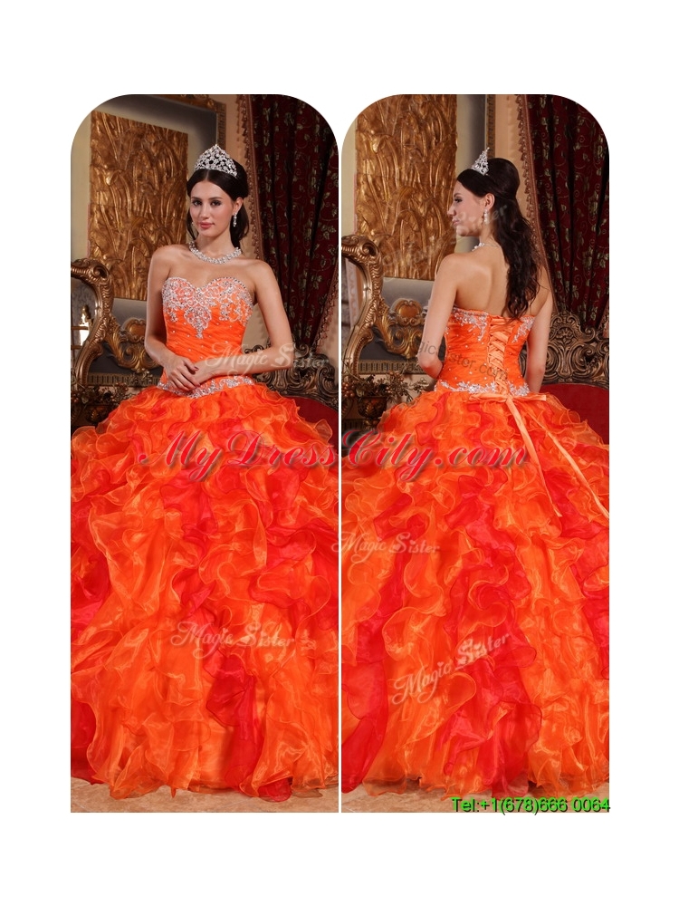 2016 Pretty  Orange Quinceanera Gowns with Appliques and Beading