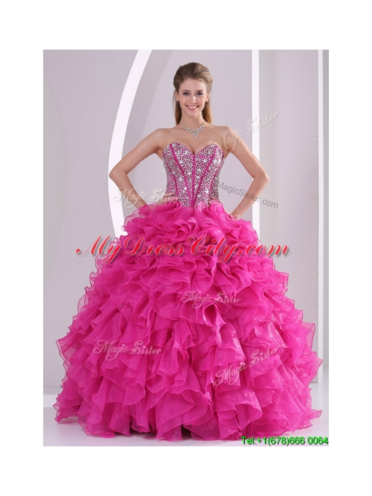 2016  Ruffles and Beading Quinceanera Gowns in Fuchsia