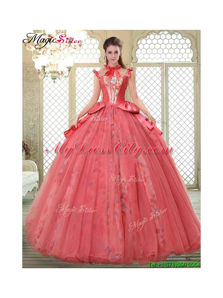 2016 Spring Classical High Neck Cap Sleeves Quinceanera Gowns with Bowknot
