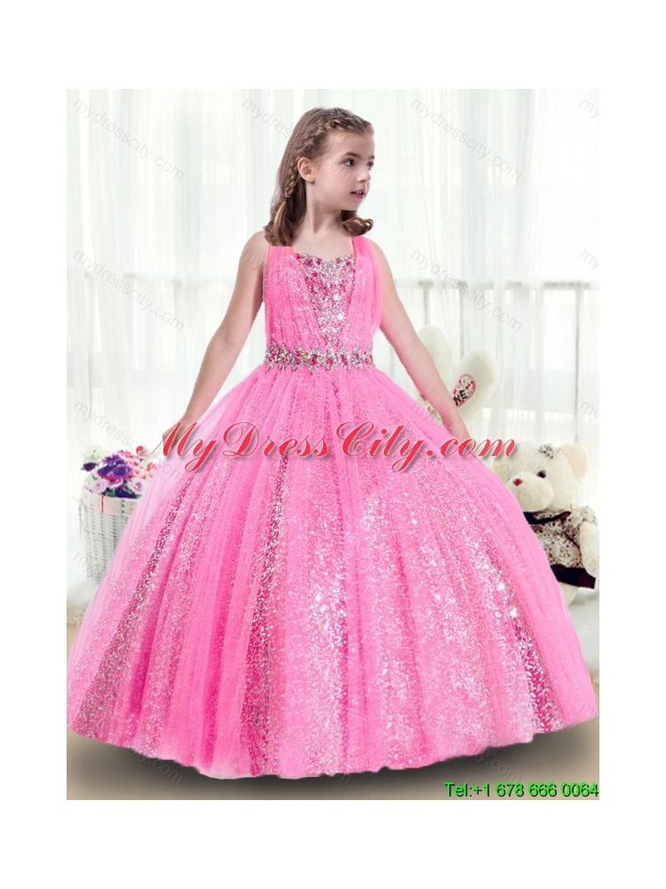 Perfect Rose Pink Straps Mini Little Girls Pageant Dresses with Sequins