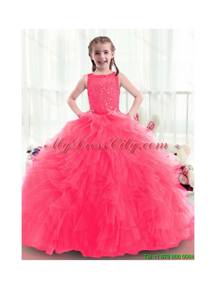Cheap Bateau Beading Flower Girl Dresses in Coral Red
