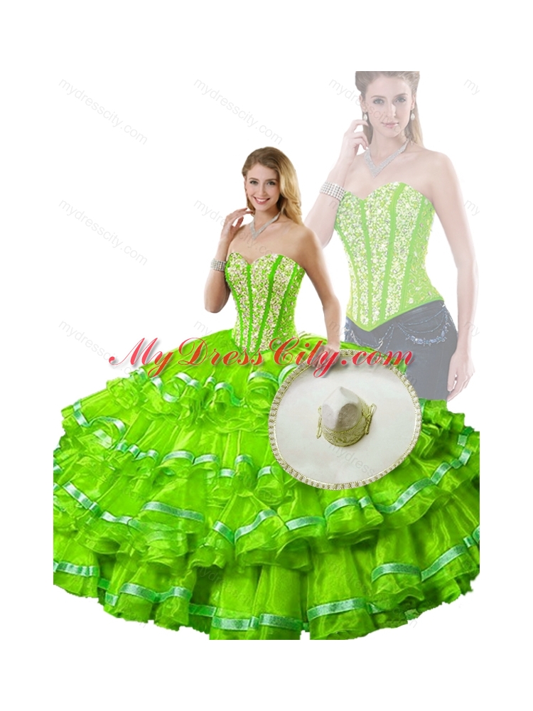 2016 Hot Sale Spring Green Detachable Sweet 16 Dresses with Beading and Ruffled Layers