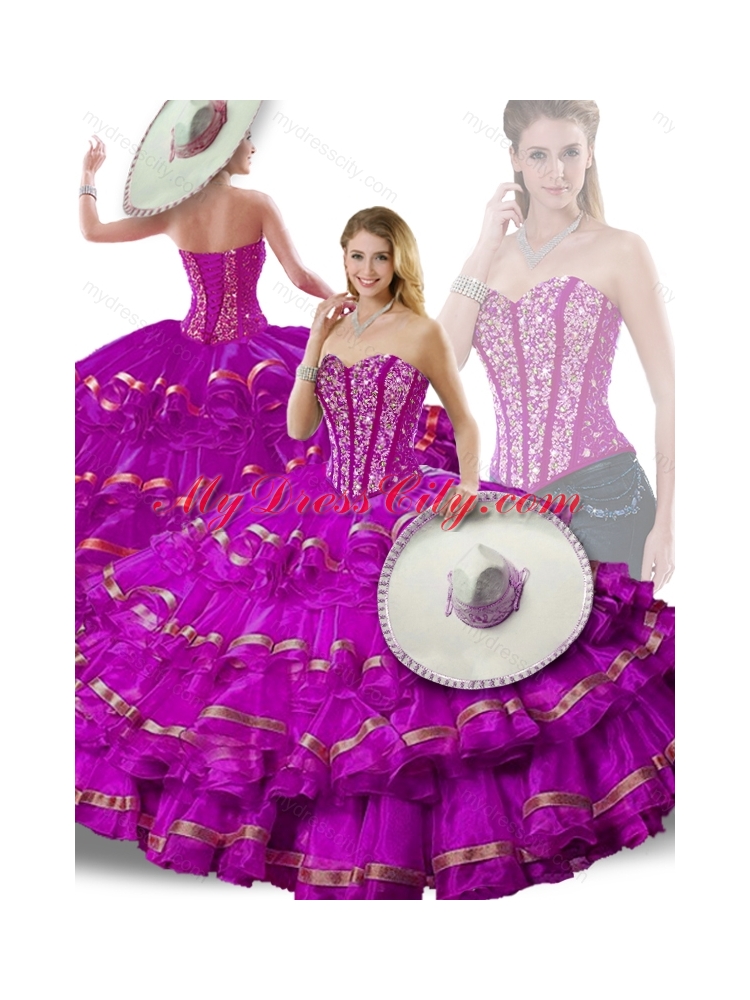 Pretty Beading and Ruffled Layers Fuchsia Detachable Sweet 16 Gowns