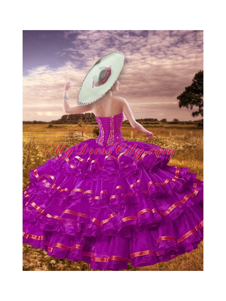 Pretty Beading and Ruffled Layers Fuchsia Detachable Sweet 16 Gowns