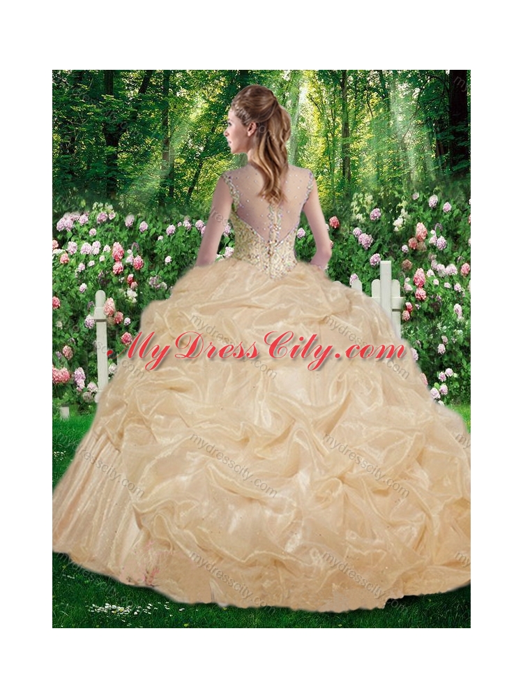 Brush Train Cheap Champagne Sweet 16 Gowns with Beading for Fall
