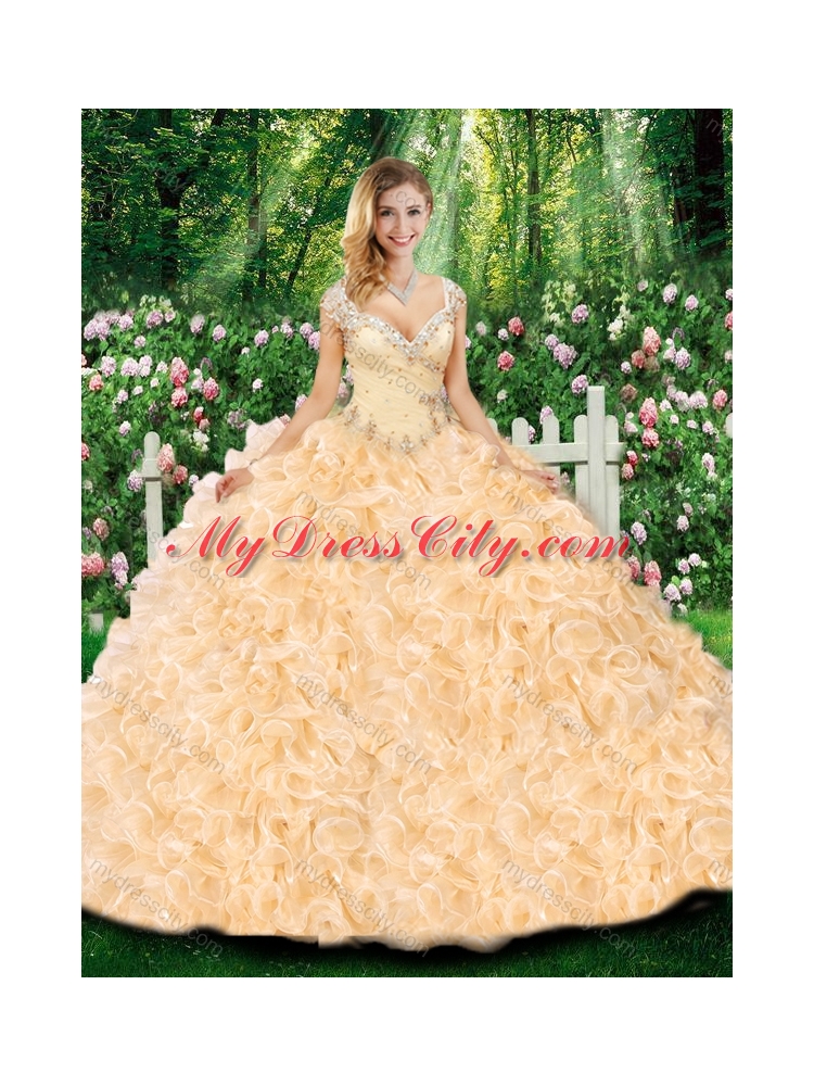 Champagne Luxurious Ball Gown Cap Sleeves Quinceanera Dresses with Beading and Ruffles for Fall