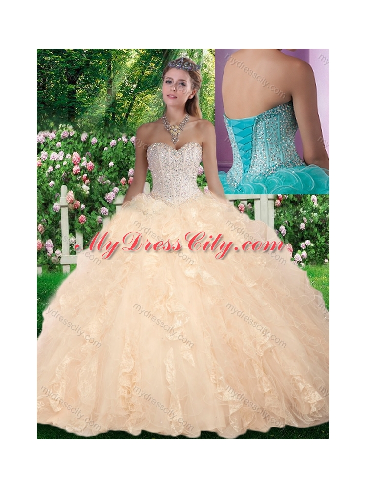 Cheap Champagne Ball Gown Beading and Ruffles Sweet 16 Gowns for Fall