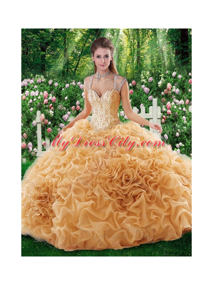 Cheap Champagne Ball Gown Straps Court Train 2016 Quinceanera Dresses with Beading