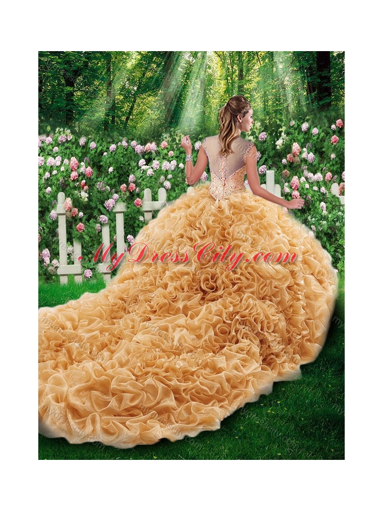 Cheap Champagne Ball Gown Straps Court Train 2016 Quinceanera Dresses with Beading