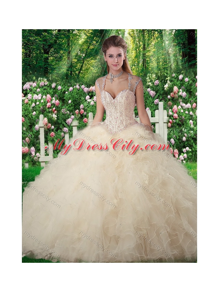 Cheap Champagne Ball Gown Sweet 16 Dresses with Beading and Ruffles