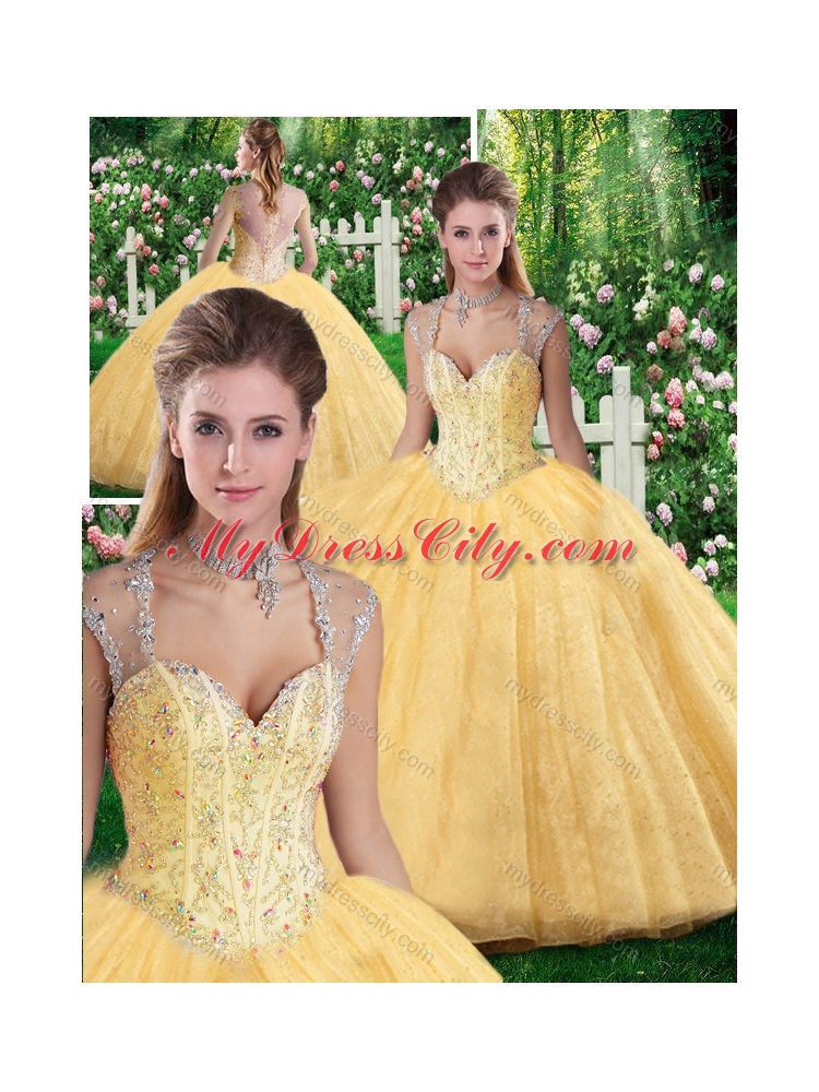 Pretty Champagne  Ball Gown Beading and Appliques Sweet 16 Dresses