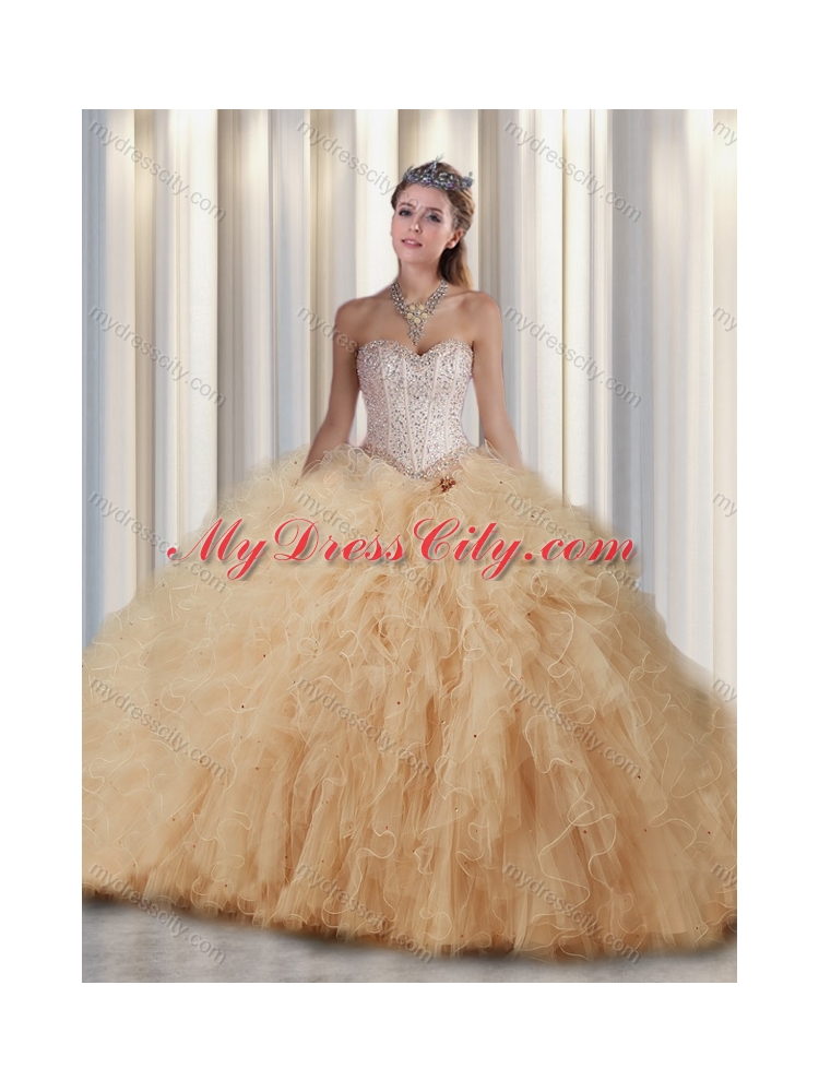 Pretty Champagne  Ball Gown Sweet 16 Dresses with Beading and Ruffles