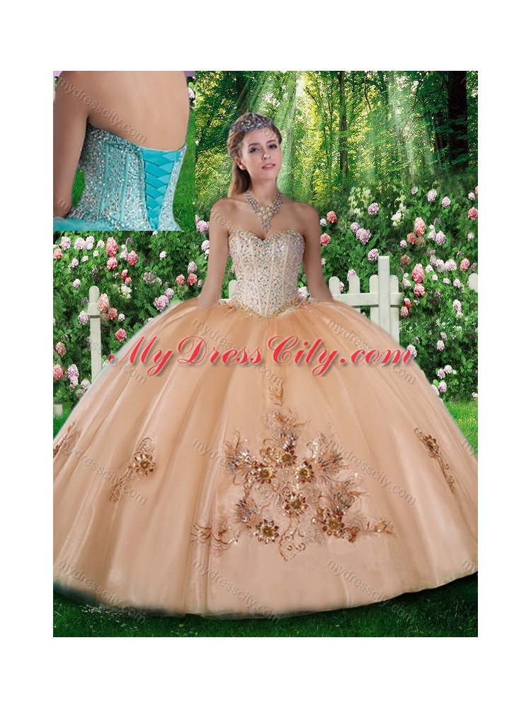 Pretty Champagne Ball Gown Beading and Appliques Quinceanera Dresses