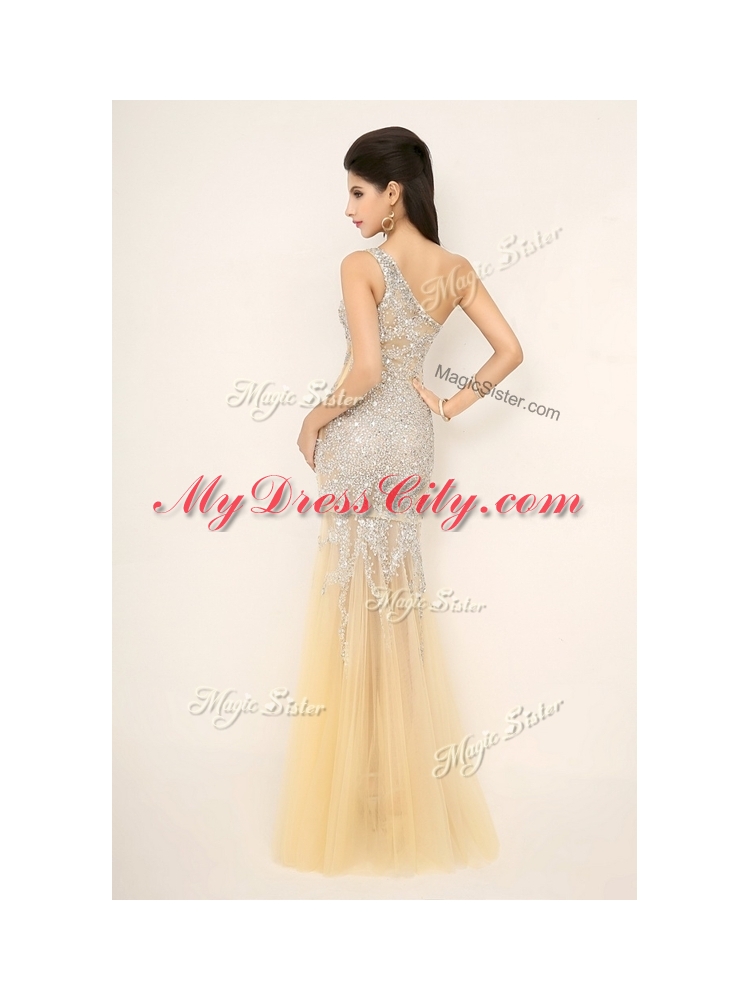 Cheap Mermaid One Shoulder Beading Prom Dresses in Champagne