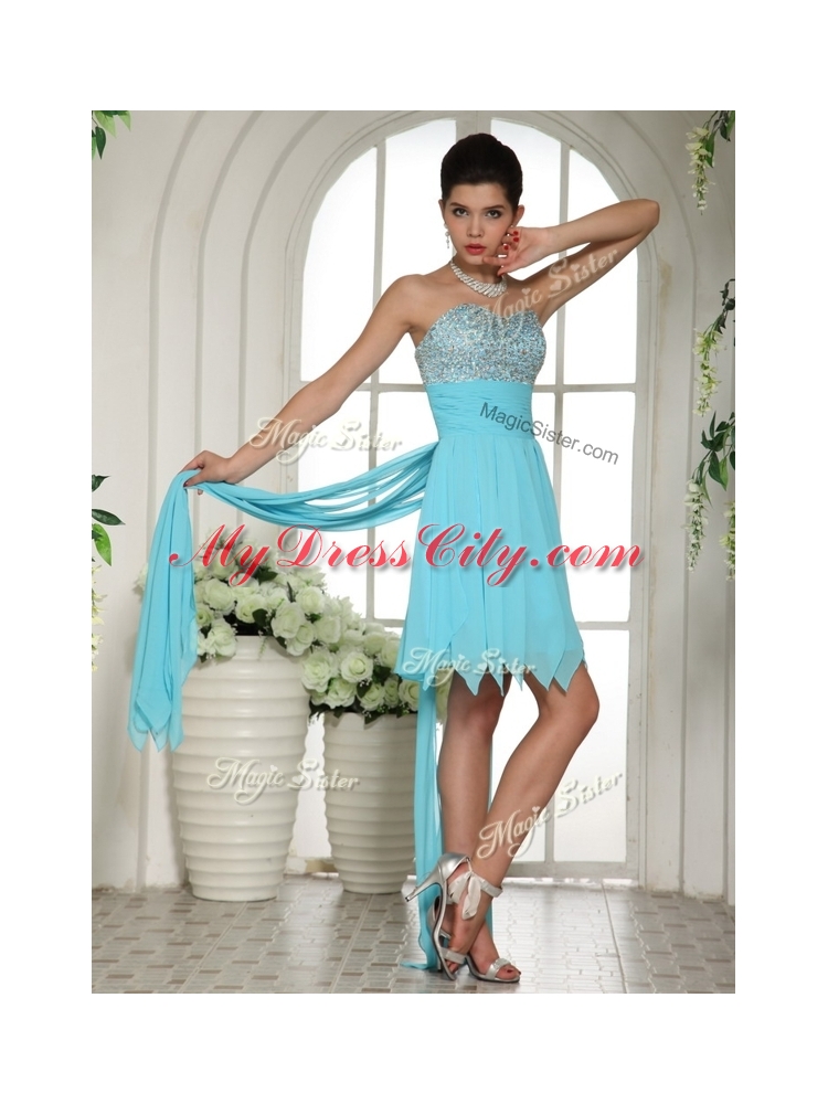 Cheap Sweetheart High Low Beading and Paillette Prom Dress in Aqua Blue
