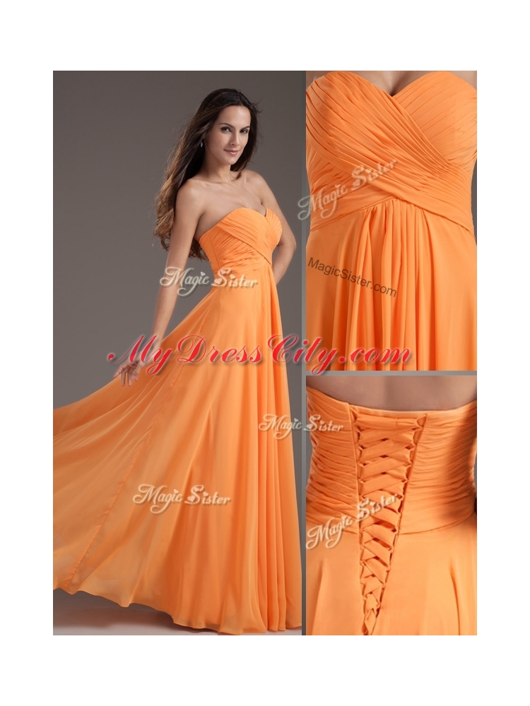 Cheap Sweetheart Floor Length Ruching Prom Dress in Orange