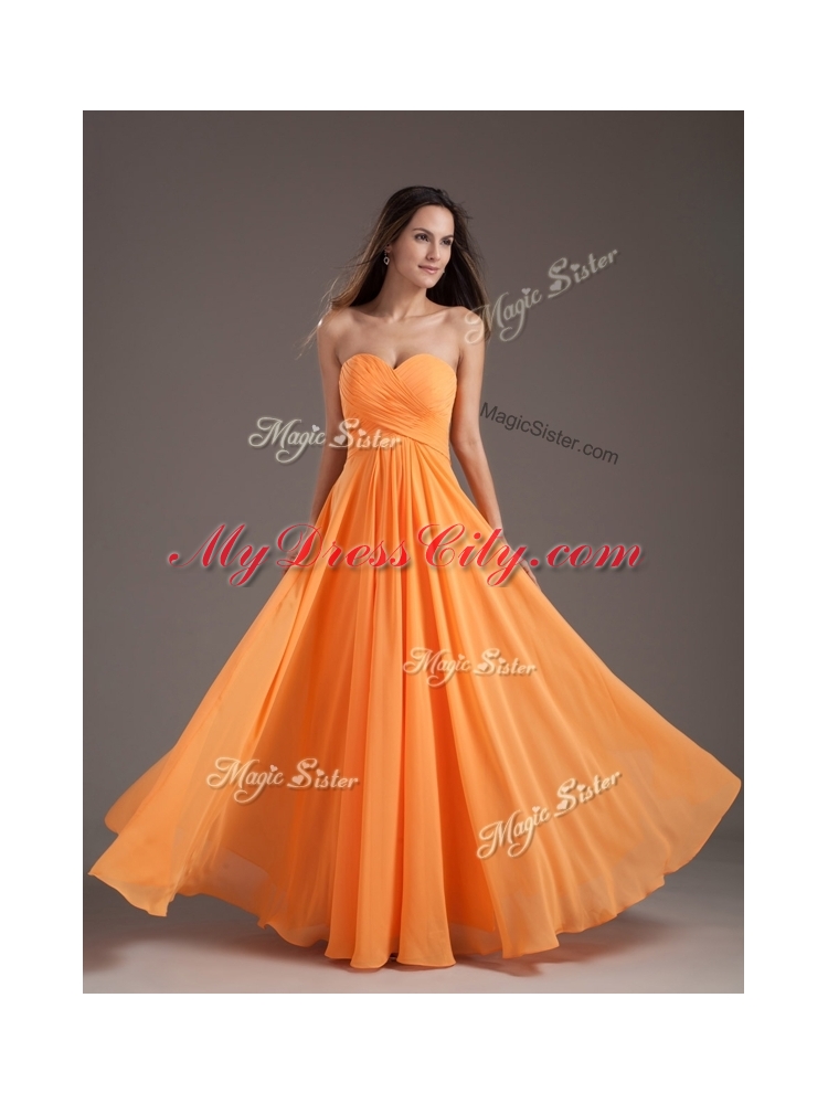 Cheap Sweetheart Floor Length Ruching Prom Dress in Orange
