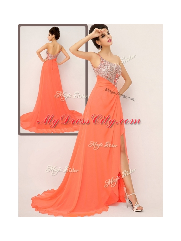 Luxurious One Shoulder Discount Evening Dresses with High Slit and Sequins
