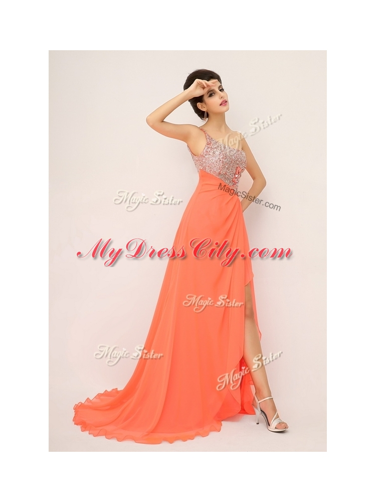 Luxurious One Shoulder Discount Evening Dresses with High Slit and Sequins
