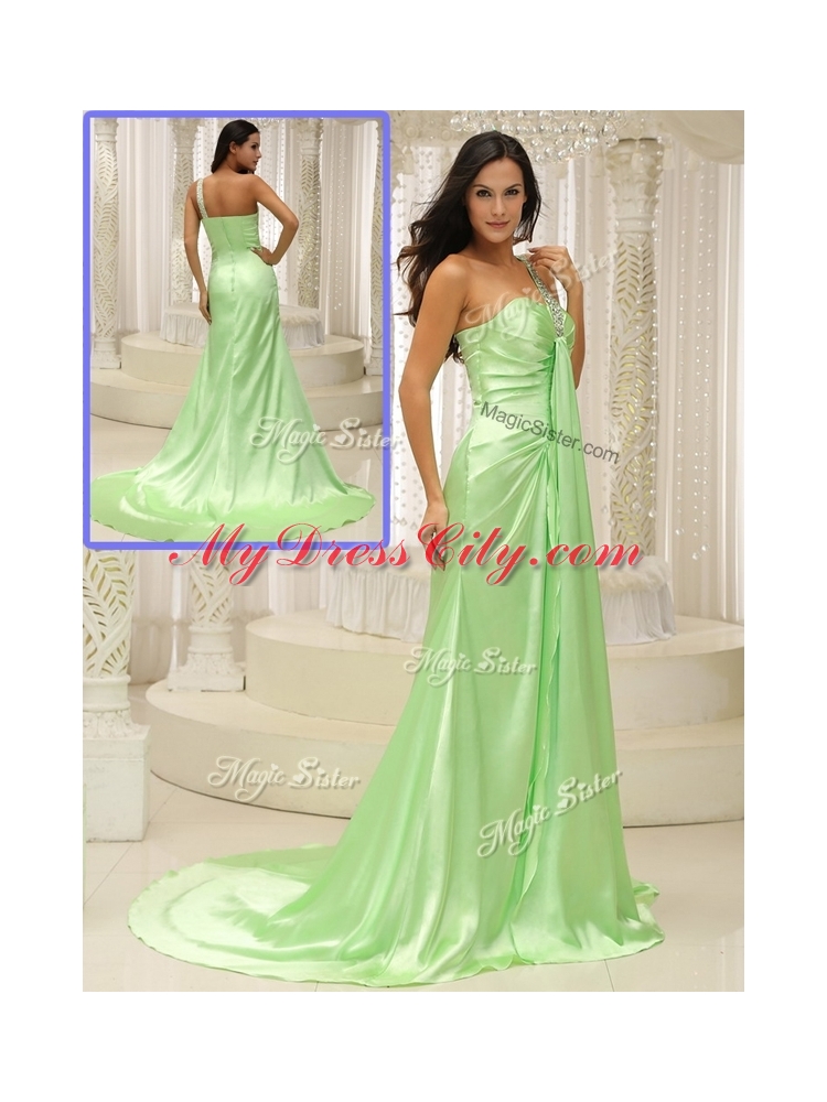 Elegant Column One Shoulder Beading Discount Evening Dresses with Brush Train