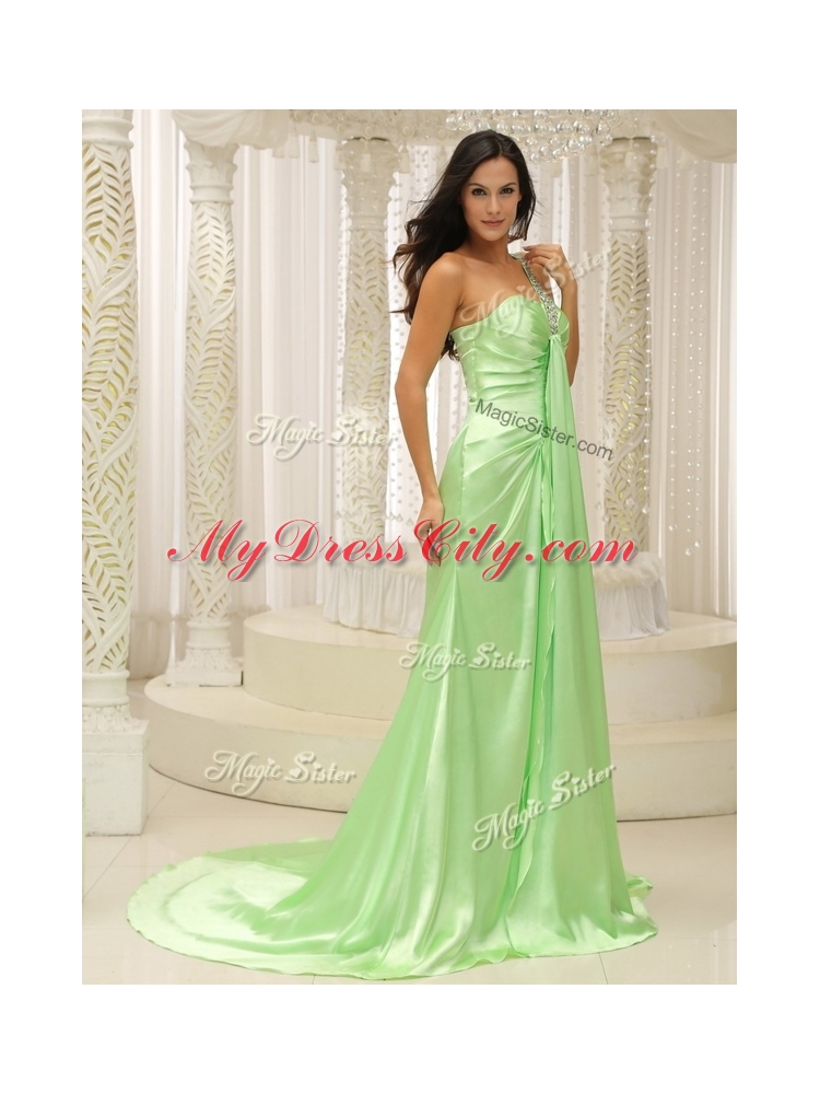 Elegant Column One Shoulder Beading Discount Evening Dresses with Brush Train