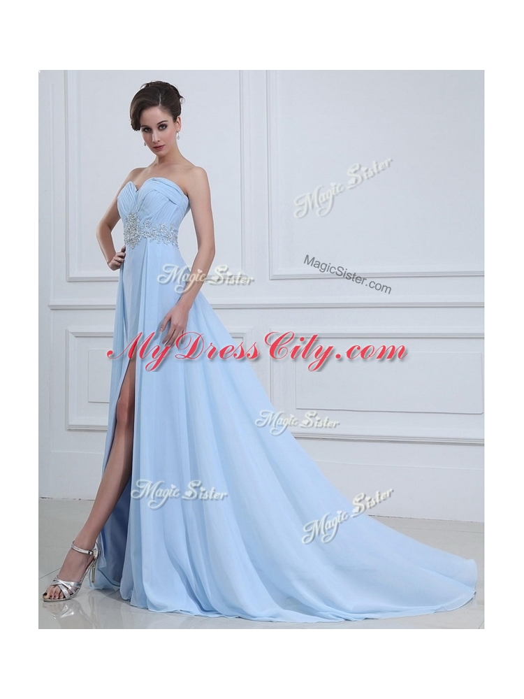 The Super Hot Brush Train Sweetheart Beading Discount Evening Dresses in Light Blue