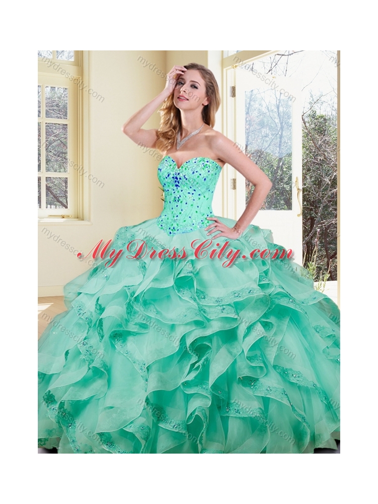 Lovely Ball Gown Appliques and Ruffles Turquoise Sweet 16 Dresses