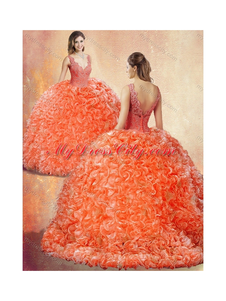 New Style V Neck Brush Train Quinceanera Dresses with Appliques