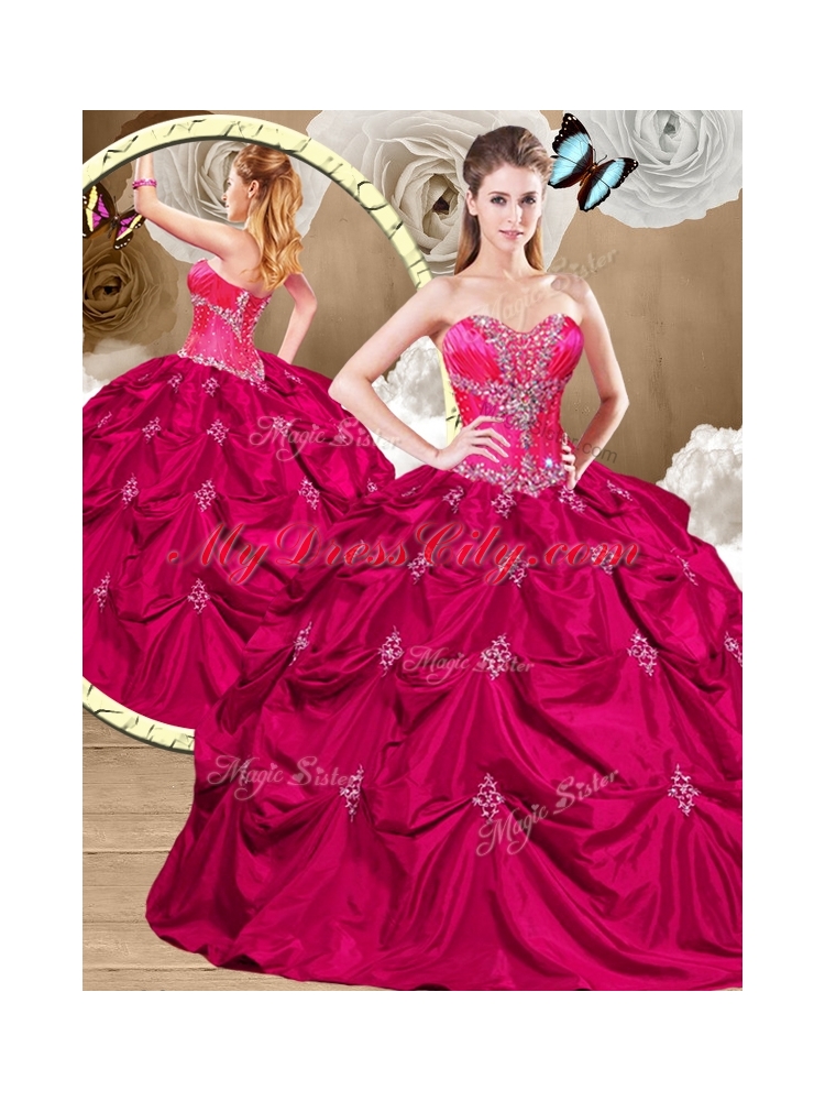 Luxurious Hot Pink Sweet 16 Dresses with Appliques and Pick Ups