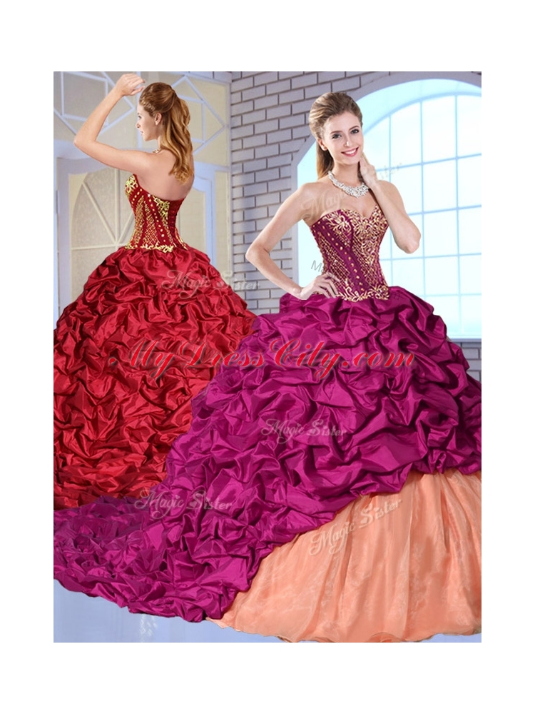 New Arrivals Brush Train Pick Ups and Appliques Quinceanera Gowns
