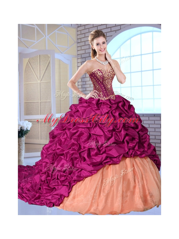 New Arrivals Brush Train Pick Ups and Appliques Quinceanera Gowns