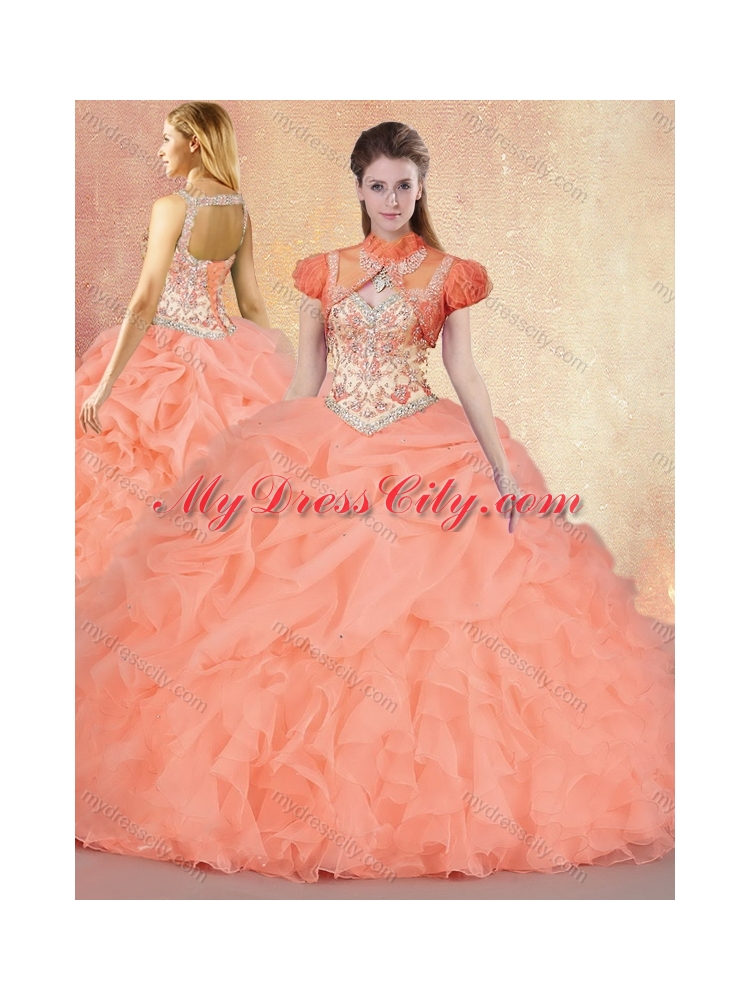 Customized Brush Train Sweet 16 Gowns with Ruffles and Pick Ups