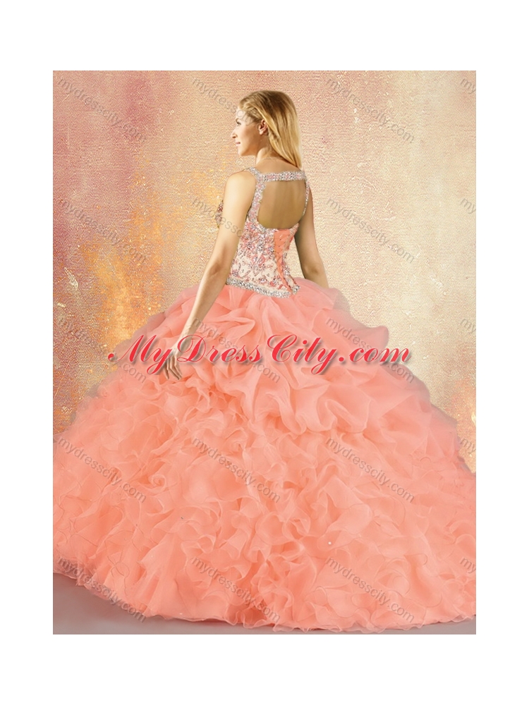Customized Brush Train Sweet 16 Gowns with Ruffles and Pick Ups