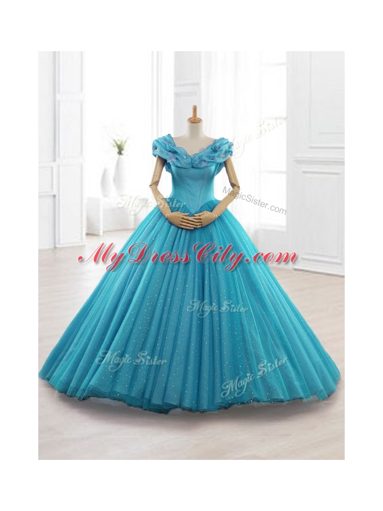 In Stock Cap Sleeves Teal Quinceanera Gowns with Appliques