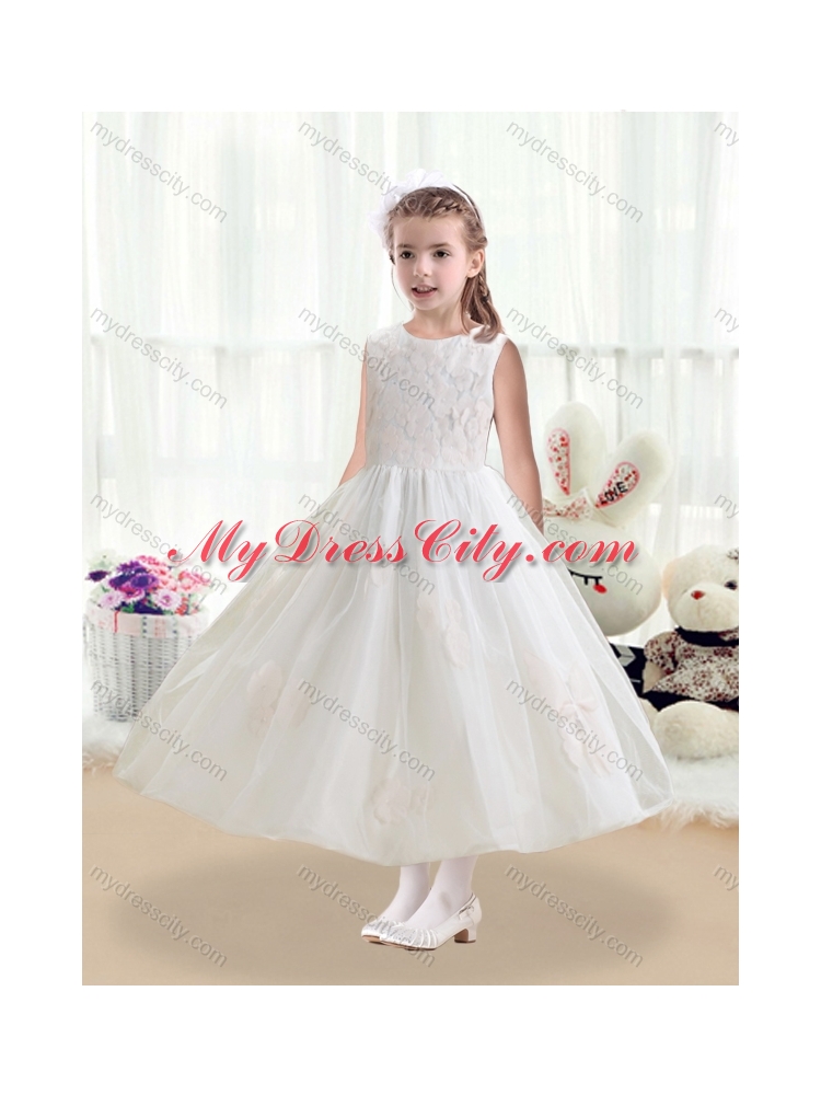2016 Cheap Scoop Tea Length White Flower Girl Dresses with Appliques