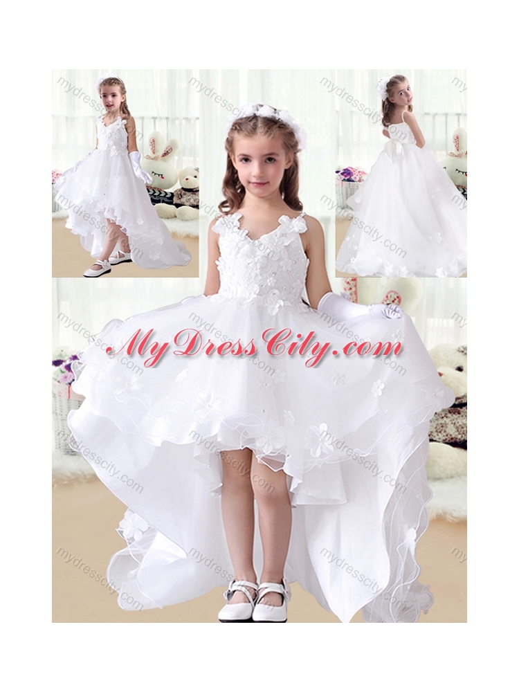 2016 Romantic V Neck Appliques High Low White  Little Girls Pageant Dresses