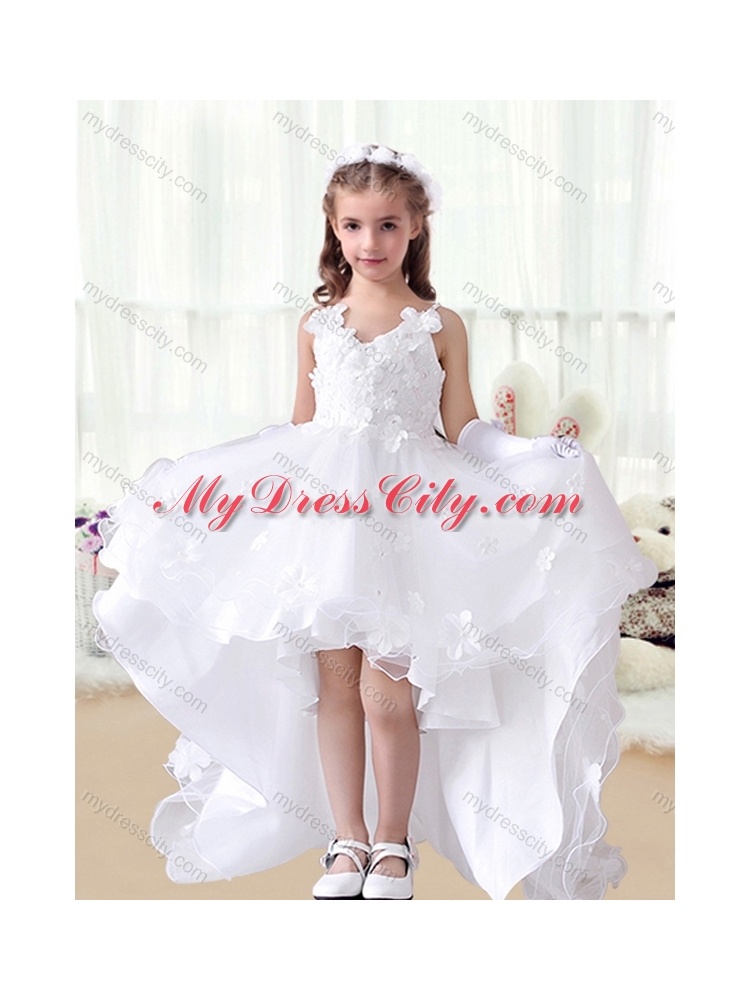 2016 Romantic V Neck Appliques High Low White  Little Girls Pageant Dresses