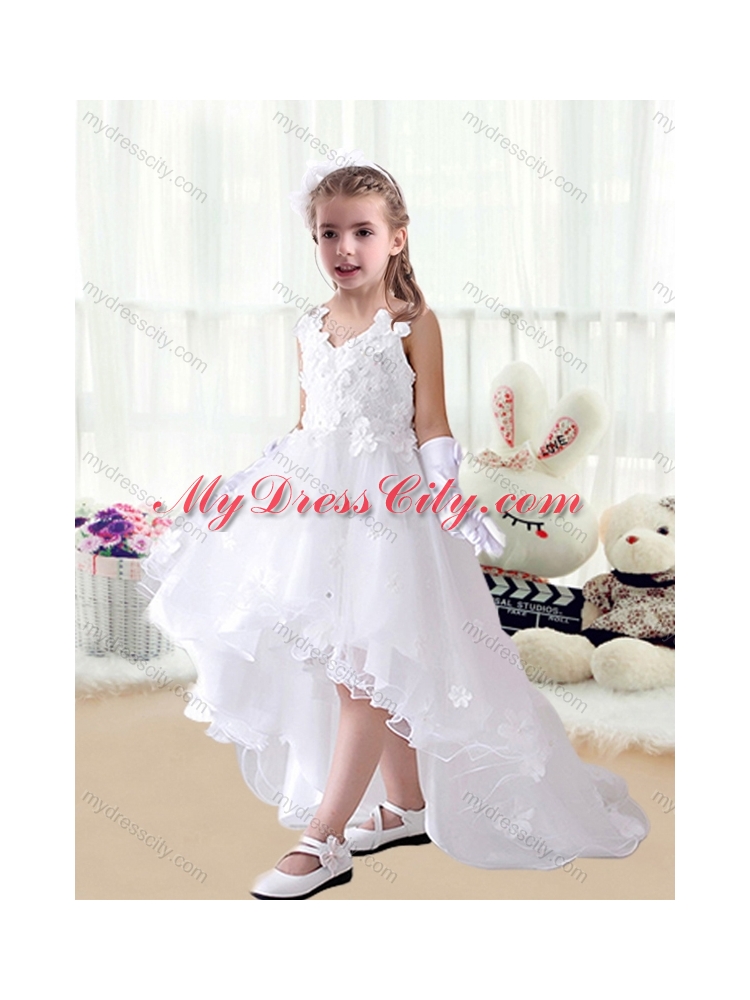 2016 Romantic V Neck Appliques High Low White  Little Girls Pageant Dresses