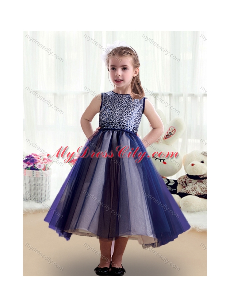 2016 Sweet Scoop Ruching Tea Length Little Girl Dresses