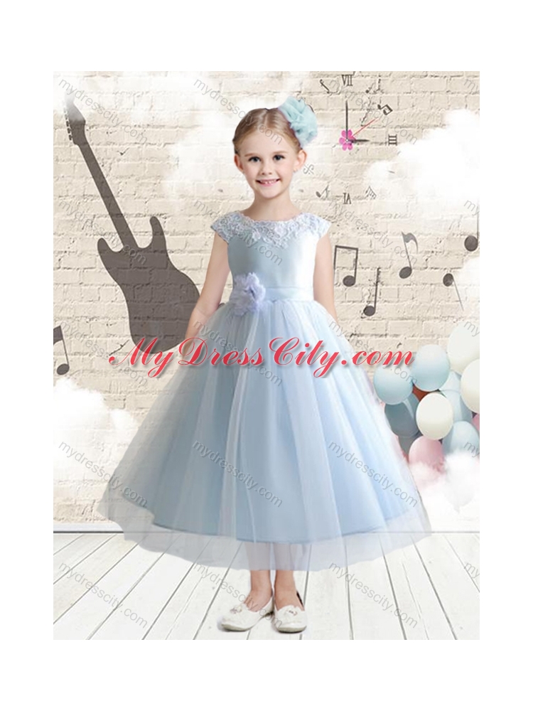 2016 Cheap Bateau Cap Sleeves Flower Girl Dresses with Appliques