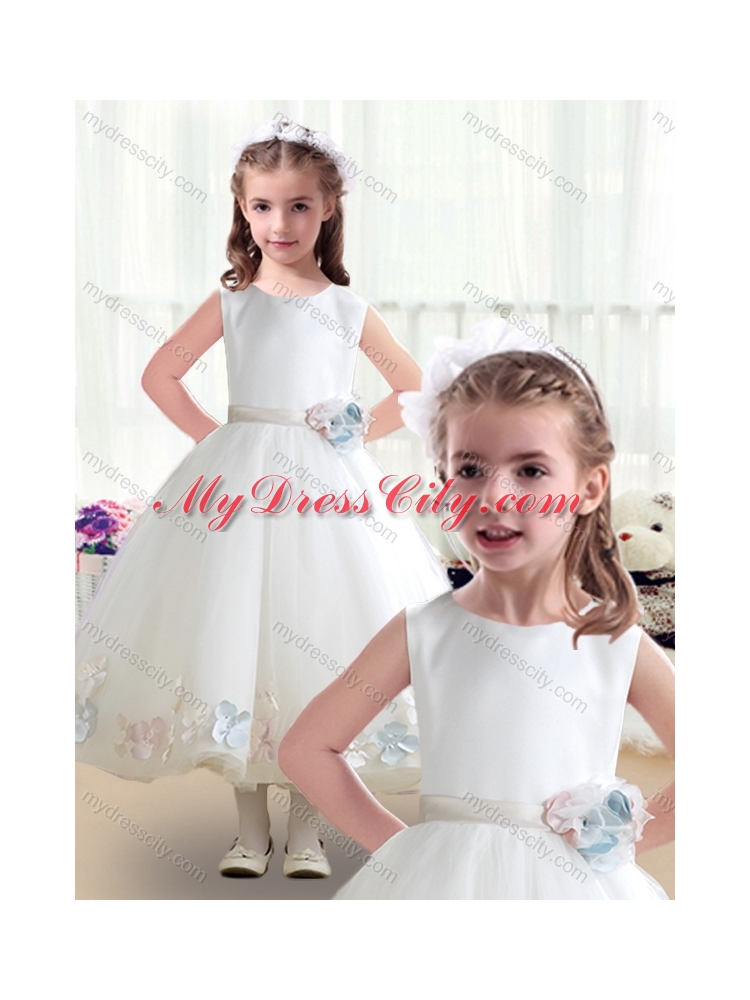 2016 Cheap  Scoop White Flower Girl Dresses with Appliques