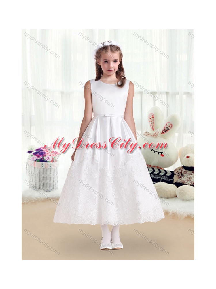 2016 Cheap Scoop White Flower Girl Dresses with Lace and Belt