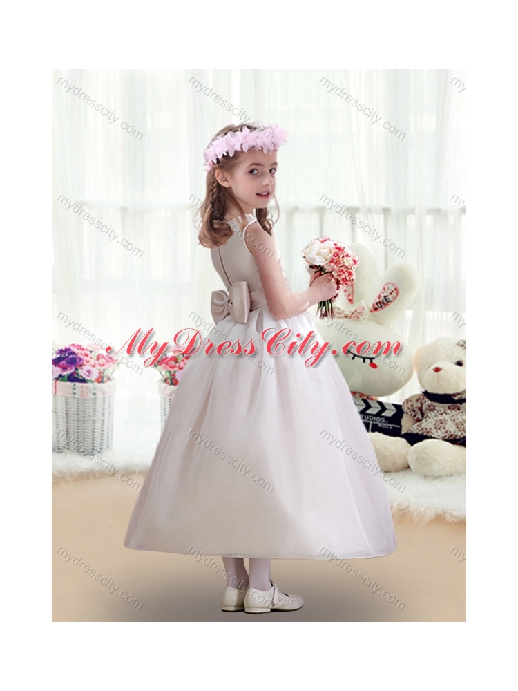 2016 Cheap Selling White Flower Girl Dresses with Bowknot
