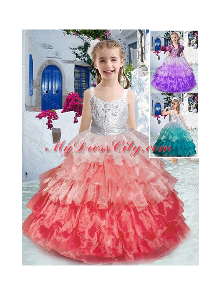 2016 Gorgeous Straps Little Girl Pageant Dresses with Ruffled Layers and Beading