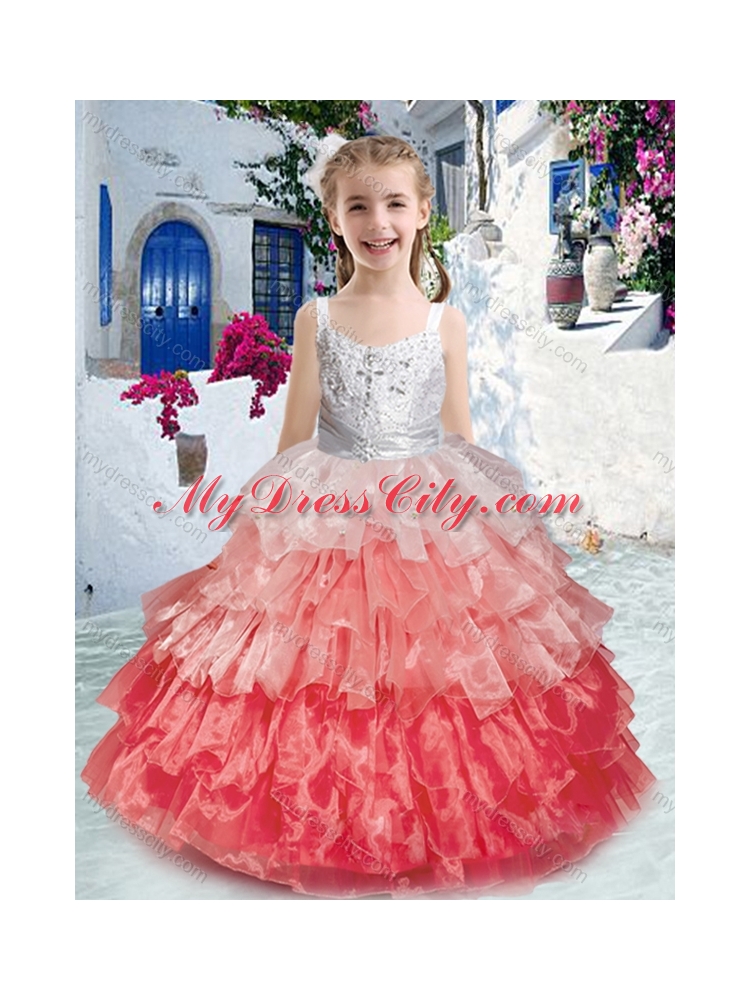 2016 Gorgeous Straps Little Girl Pageant Dresses with Ruffled Layers and Beading