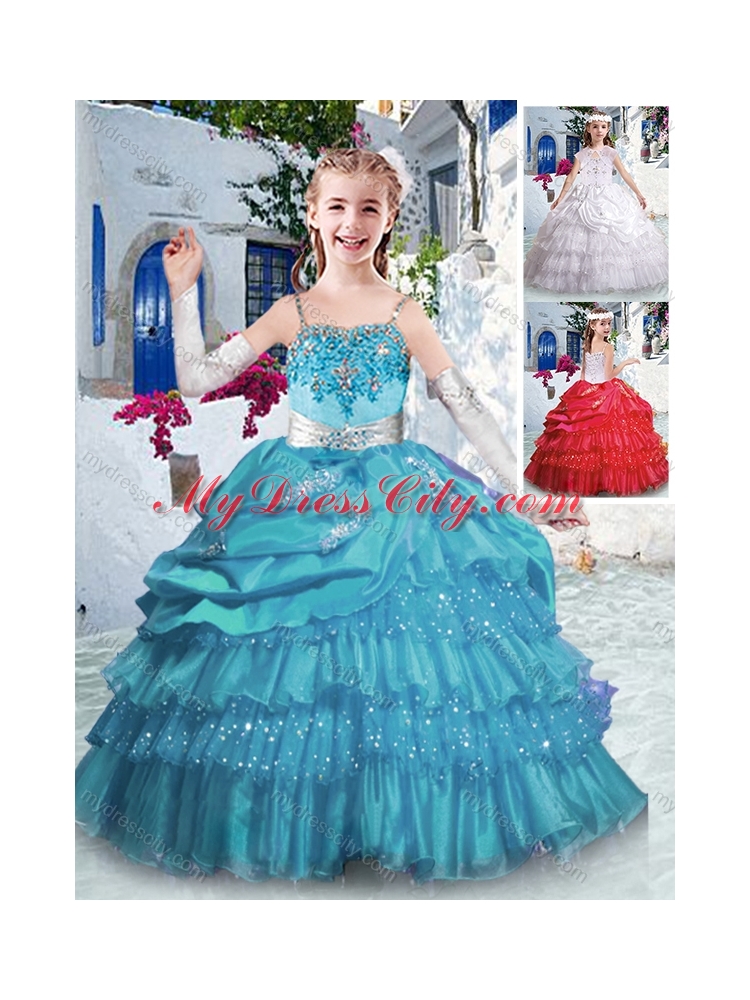 2016 Luxurious Spaghetti Straps Little Girl Pageant Dresses with Ruffled Layers and Appliques