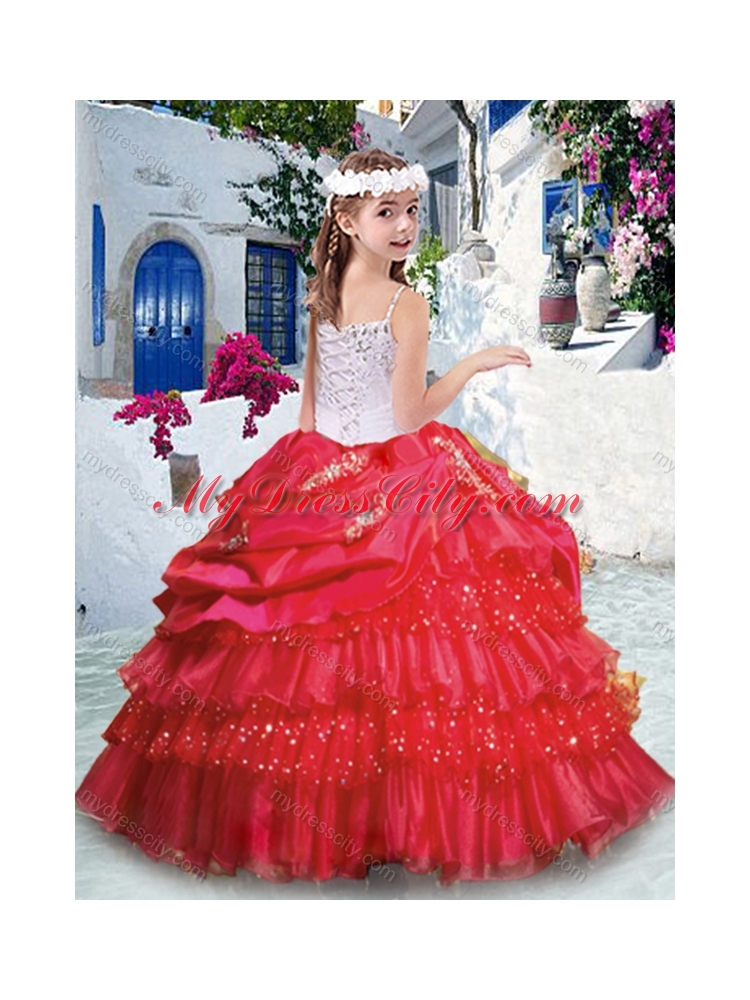 2016 Luxurious Spaghetti Straps Little Girl Pageant Dresses with Ruffled Layers and Appliques