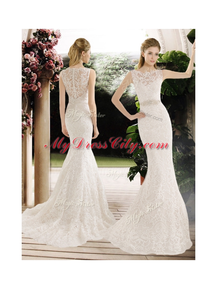2016 Hot Sale Mermaid Lace and Belt Wedding Dresses with Brush Train