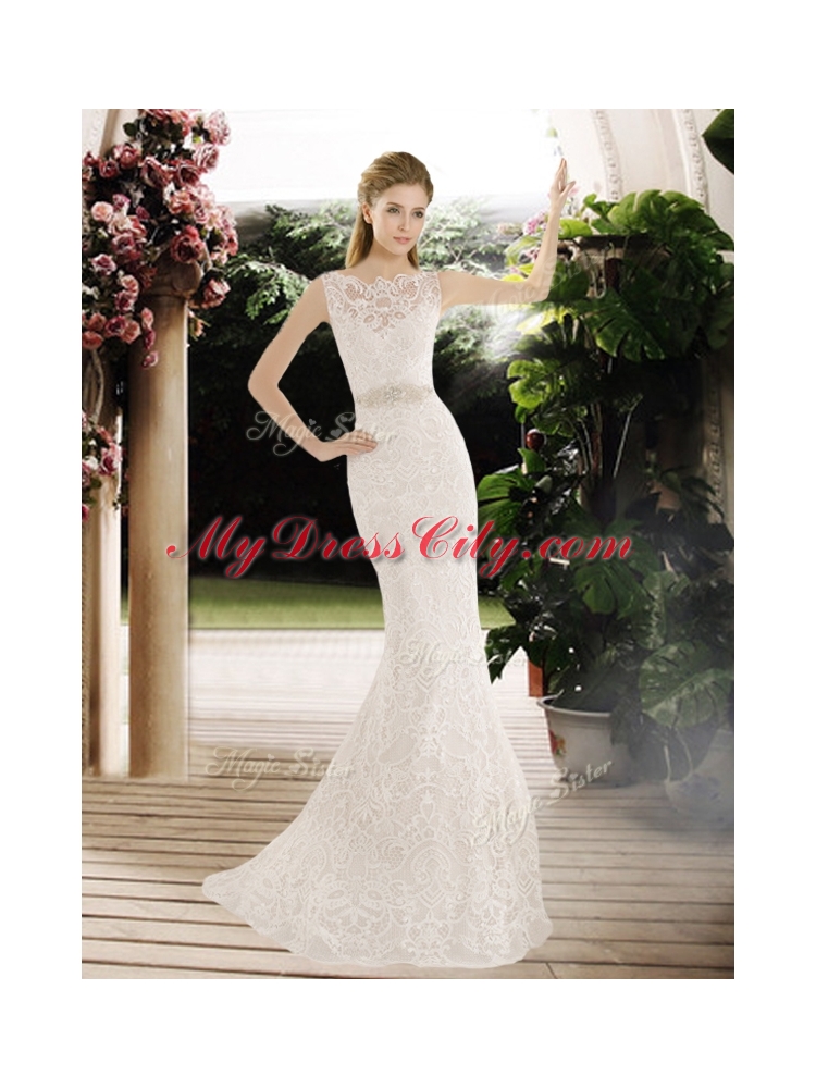 2016 Hot Sale Mermaid Lace and Belt Wedding Dresses with Brush Train